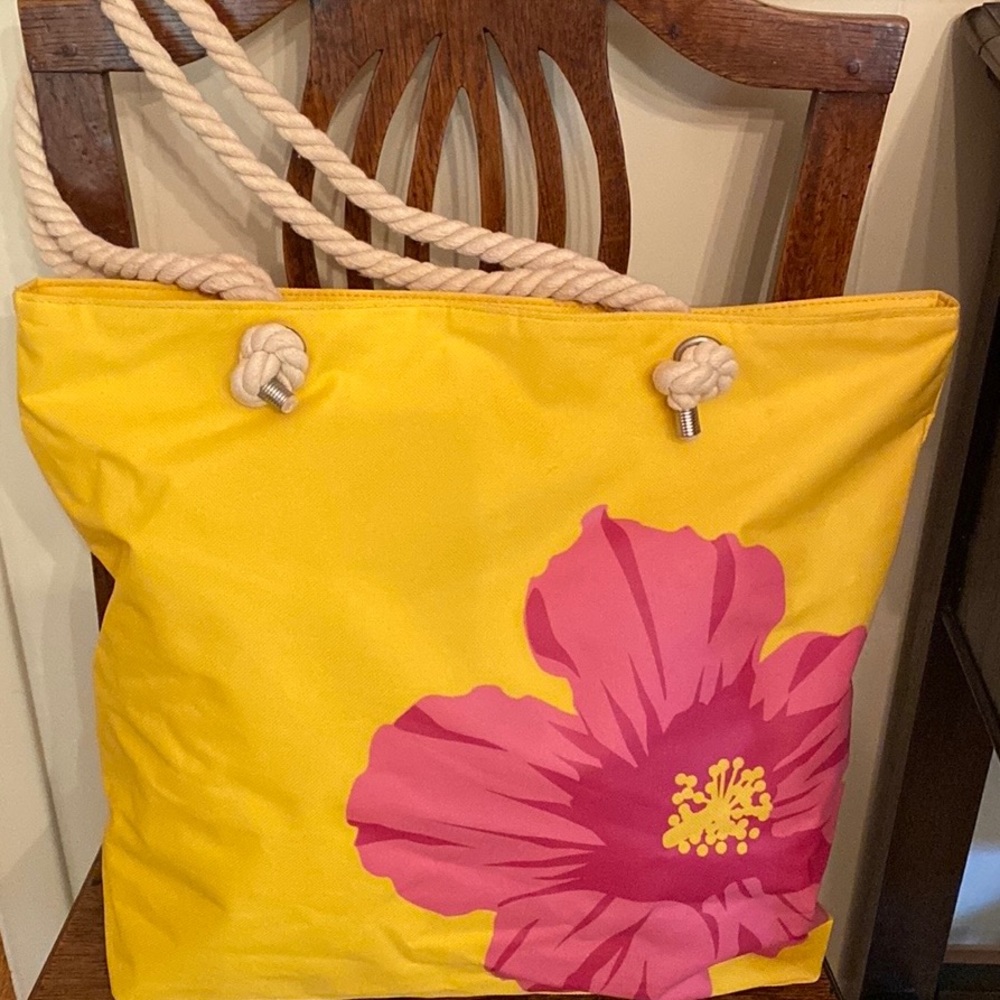 Bright Yellow Canvas Bag with Magenta Flower and Rope Handles